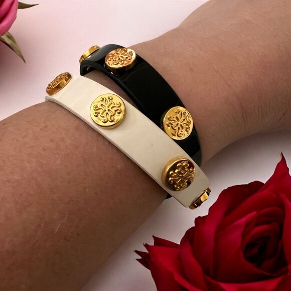 Rustic Cuff Meagan Genuine Leather Gold Studded Black White Wrap Bracelet - Picture 1 of 12